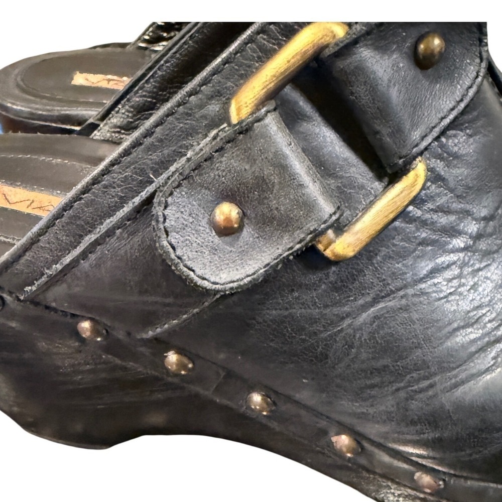 Via Spiga Black Leather Studded Clog Mules Brass Buckle Platform Wedge Shoes - Picture 4 of 5